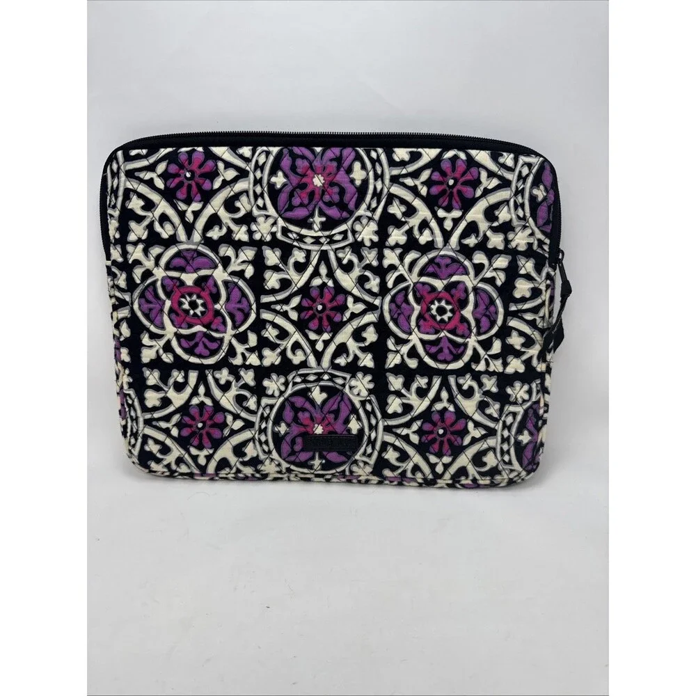 Vera Bradley Flora Medallion Quilted Laptop Sleeve Black White Purple